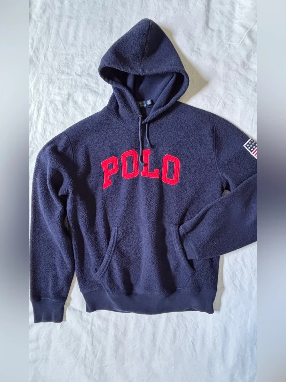 Polo Ralph Lauren Mens M Navy Fleece Hoodie USA Flag Logo Pullover